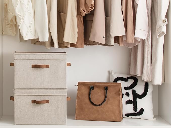 StorageWorks Fabric Storage Bins with Lids, Large Closet Storage Bins | Flip-Top Lid, 3 Handles, Collapsible, Stackable, for Clothes Blankets, Multi-Purpose, Large, Brown and Beige, 2-Pack