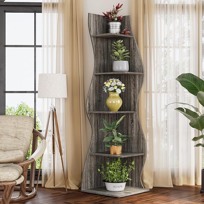 LITTLE TREE 70-Inch Corner Shelf, Seaweed Shaped Etagere Display Bookshelf, Freestanding 5-Tier Wall Shelves for Small Spaces, Living Room, Bedroom, Grey, 1 Pack