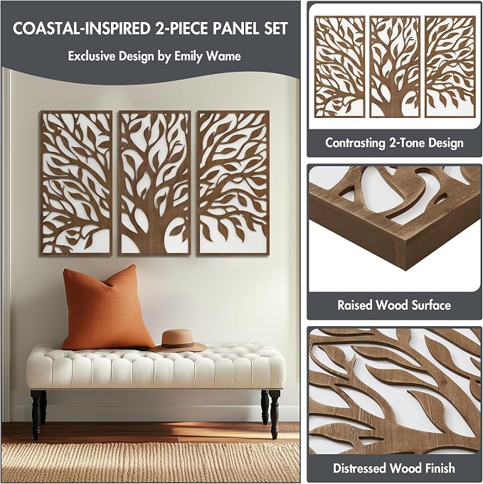 Madison Park Wall Décor for Living Room - Birch Botanical Two-Tone, Home Accent Modern Kitchen Dining Decoration, Ready to Hang 3-Piece Wood Panel Set for Bedroom, 16"W x 32"H, Tree of Life