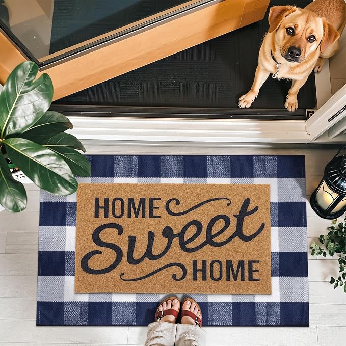 OLANLY Buffalo Plaid Rug 2' x 3' (24" x 36") – Navy and White Cotton Checkered Doormat, Washable Indoor Outdoor Rug for Layered Front Porch, Kitchen, Entryway Decor
