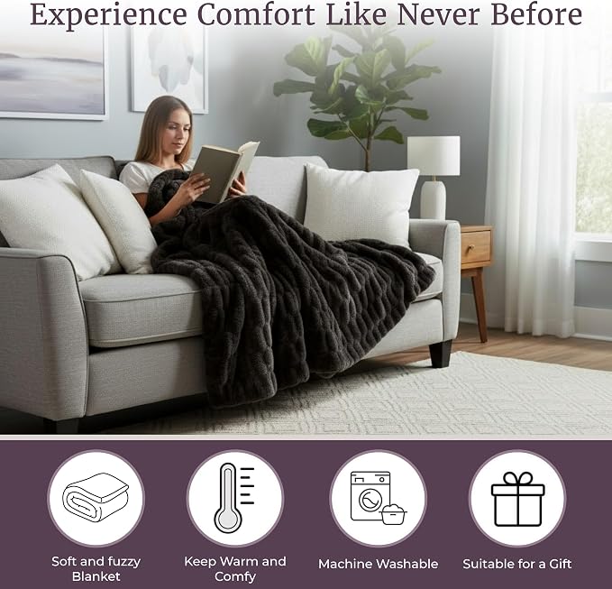 Lavish Home Jacquard Faux Fur Throw 60 x80 Black