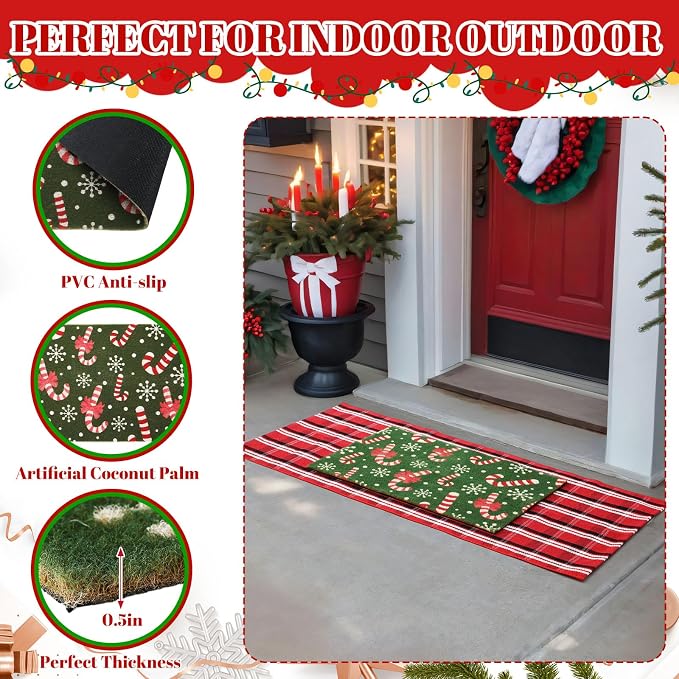 2 Pcs Outdoor Door Mat Combo Set Layered Outdoor Rug and Coir Welcome Doormat Non Slip Outside Floor Mat for Front Porch Entryway Patio Yard Decor(Candy Cane,24'' X 51',18'' X 28'')