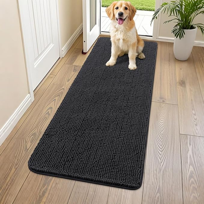 Smiry Dog Door Mat for Muddy Paws 54x24, Absorbent Dirt Trapper, Non-Slip Washable Chenille Entryway Rug for Inside Floor, Black, Classic Solid