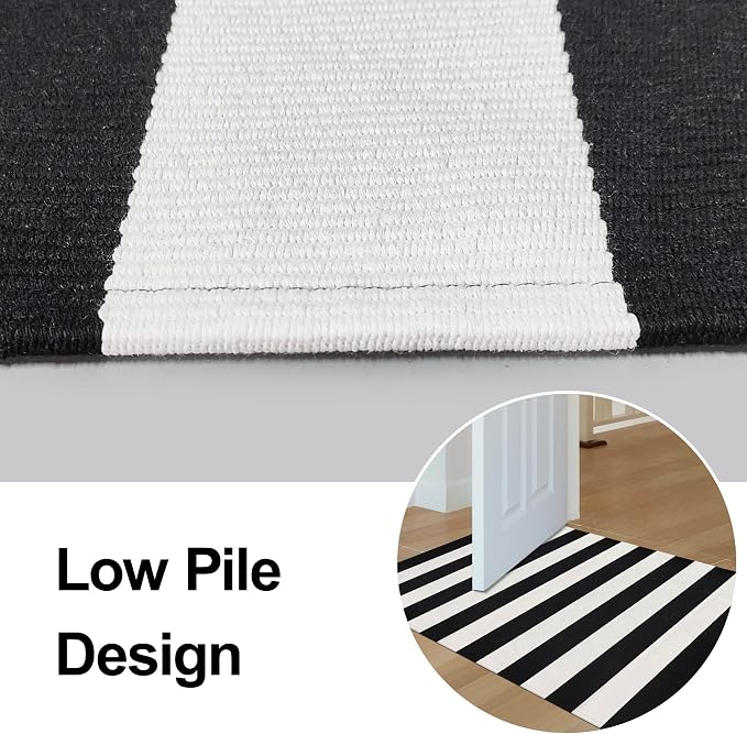 Black and White Striped Rug 27.5x43 Inches Front Porch Layered Door Mats Small Washable Cotton Indoor Outdoor Carpet for Entryway Patio Farmhouse Decor
