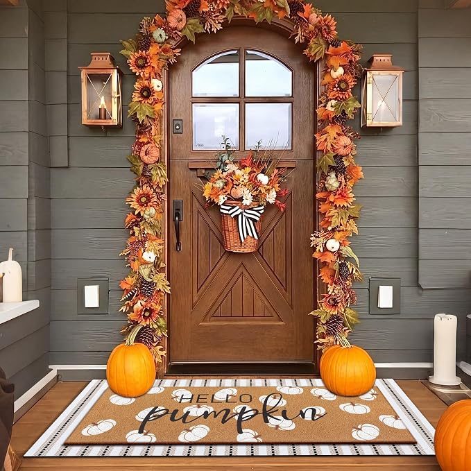 Tinideya Hello Pumpkin Layered Door Mat, Fall Welcome Coir Mats, 2 Pcs