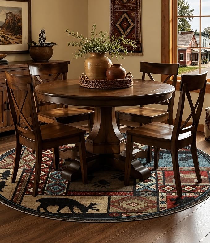 YIHOUSE Rustic Round Rug 4ft, Washable Circle Rug with Non-Slip Backing, Low Pile Soft Western Cabin Rugs for Living Room, Bedroom