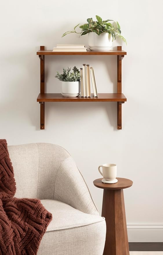Kate and Laurel Meridien Modern Two-Tier Wooden Shelves, 24 x 12 x 24, Walnut Brown, Stunning Tiered Wall Shelf for Storage and Display as Cute Nursery Shelving or Bedroom Storage