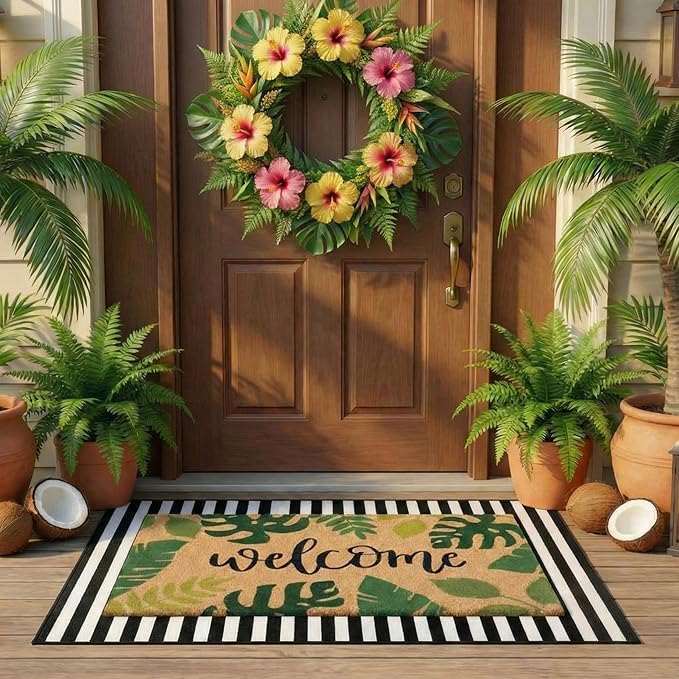 Tinideya 2 Pcs Summer Palm Leaf Door Mat Tropical Leaves Welcome Non Slip Coir Mats Rainforest Floor Layering Doormats Seasonal for Front Porch Entryway Decor(Tropical Leaves)