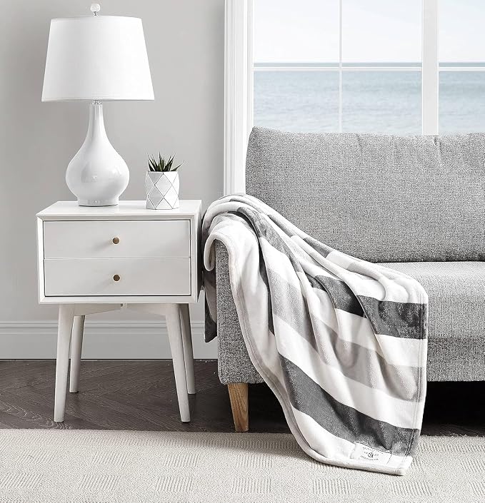 Nautica - Throw Blanket, Super Soft & Cozy Fleece Bedding, Dorm Room Essentials (Awning Stripe Grey, 50" x 60")