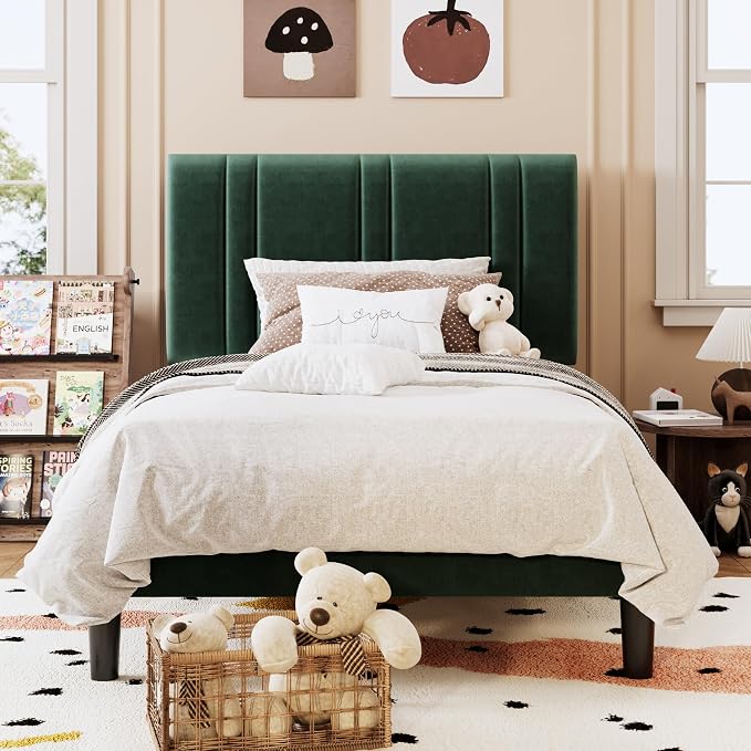 SHA CERLIN Twin Size Velvet Bed Frame with Adjustable Headboard, Green | Vertical Channel Tufted Design, Upholstered Platform Bed, Wood Slats Support/No Box Spring Needed/Easy Assembly