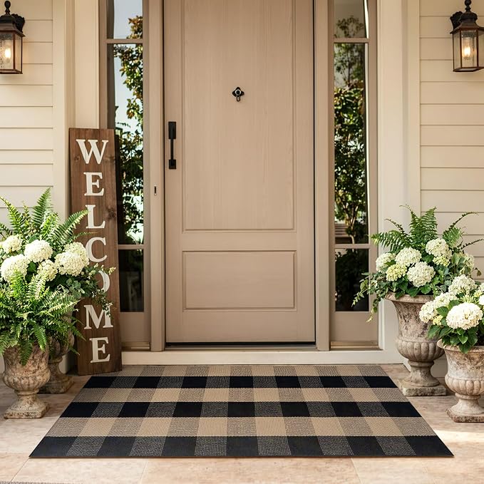 Uphome Bufflo Plaid Outdoor Rug 2'x4.3', Black Natural Checkered Front Door Mat for Fall Decor, Indoor Outdoor Farmhouse Cotton Porch Rug for Layered Door Mats, Washable Carpet Runner for Entryway