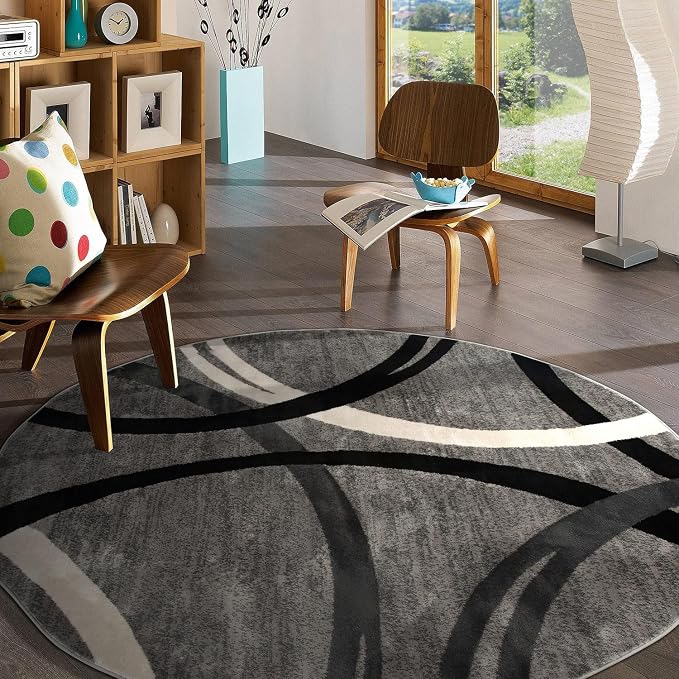 Rugshop Wavy Circles Jute Backing Living Room Bedroom Round Rug Gray 6'6" | Round, Size 6'6", Dining Room, Home Office, Kitchen, Entryway, Hallway, Nursery, Kids Room, Guest Room, High Traffic Area