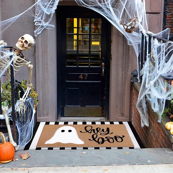 Tinideya 2 Pcs Halloween Door Mat Outdoor Hey Boo Ghost Welcome Doormats for Front Door Non Slip Ghost Coir Floor Mat Black White Stripe Halloween Rug for Entryway Front Porch Outside Decor