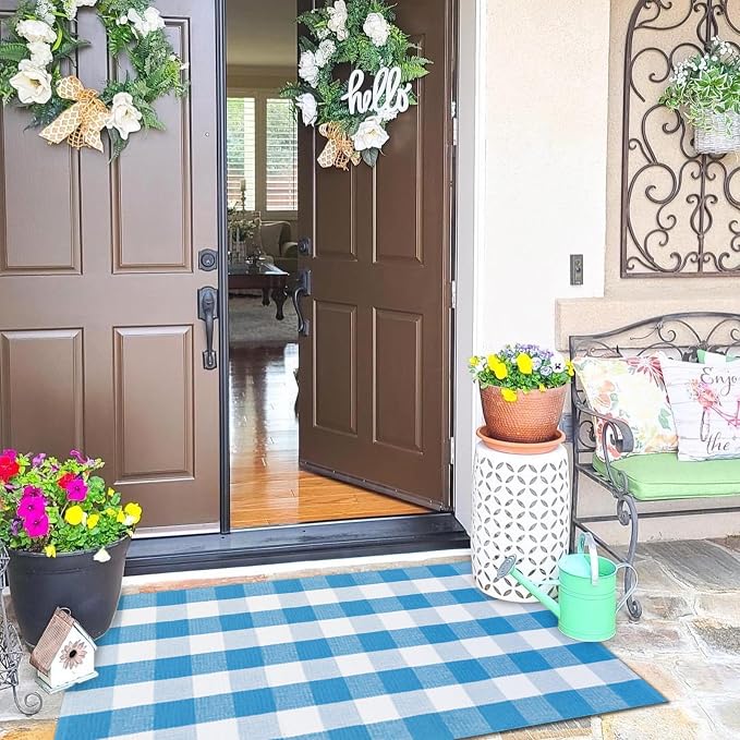 Ckorzen Blue and White Plaid Rug, 4' x 6' Spring Outdoor Front Porch Door Decor Mat, Washable Cotton Woven Farmhouse Area Rug for Layered Door Mats Carpet, Entryway, Easter Décor