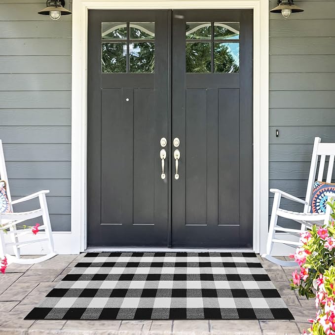 Buffalo Plaid Rug 3x5 Cotton Woven Buffalo Check Rug Black and White Checkered Outdoor Rug Washable Indoor Outdoor Area Rug Layered Front Door Mats Carpet for Farmhouse Entryway Living Room Bedroom