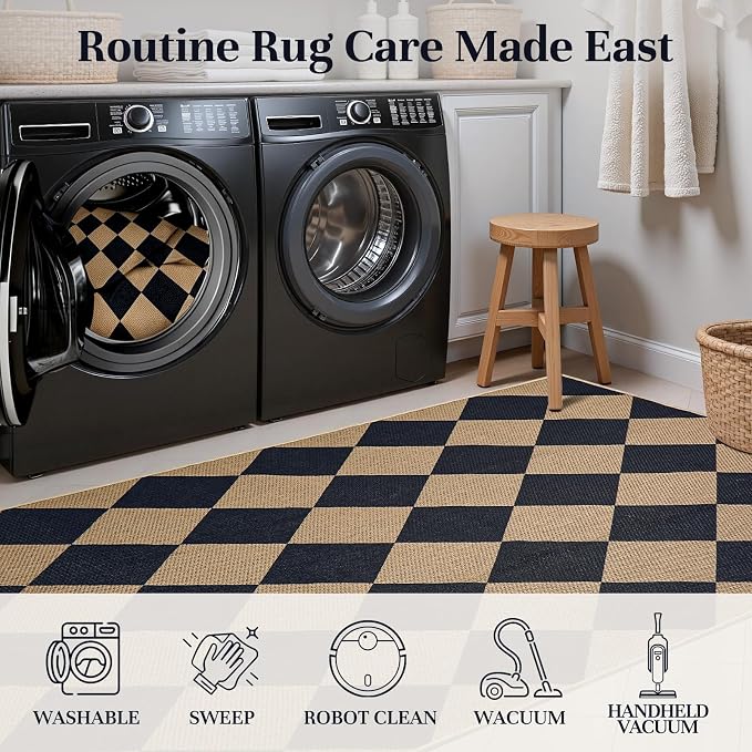 EDIMENS 2x6 Checkered Easy Jute Washable Kitchen Indoor Outdoor Runner Rug | Non Slip Front Door Runner Rug for Laundry Balcony Low Pile Rugs Black Checkerboard Carpet for Hallway 6ft Entry
