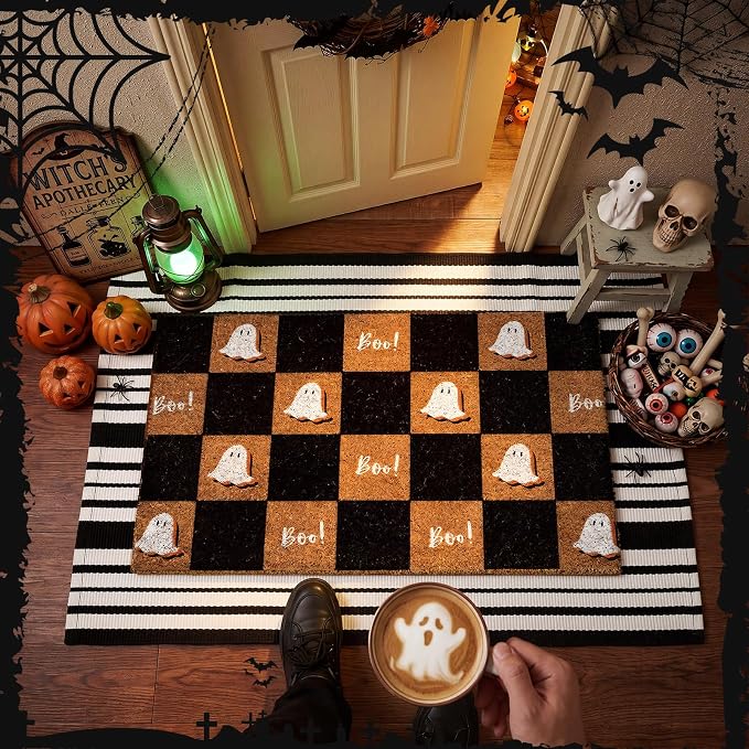 Moucuny 2 Pcs Halloween Coir Doormat Outdoor Boo Ghost Coir Plaid Welcome Mat Layered Black White Striped Outdoor Rugs for Halloween Front Door Porch Porch Entryway Decor,24'' X 35'',16'' X 28''
