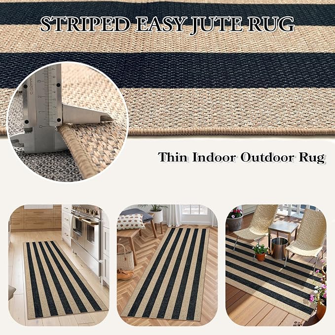 Lahome Striped Easy Jute Outdoor Runner Rug, 2x6 Kitchen Rugs Washable | Black 6ft Non Slip Indoor Carpe for Hallway, Farmhouse Non Shedding Floor Mat for Bedroom Entryway Front Porch Laundry Room