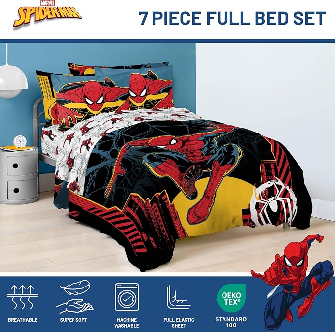 Jay Franco Kids Comforter Set Includes Sheets and Pillow Covers - Soft and Cozy Bed Set for Stylish Room Decor, Official Licensed Bedding, Black - Spiderman, 7 Piece Full