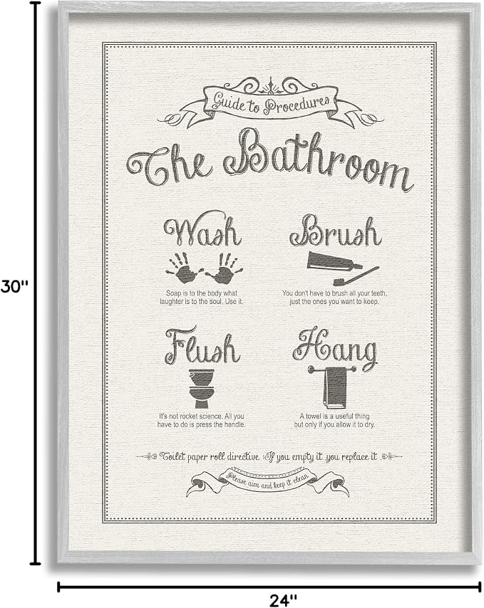Stupell Industries 'Guide to Bathroom Procedures Linen Look', Framed Giclee Art, Gray, 24 x 30 Inches, Easy to Hang and Sturdy, Made in USA, by Lettered and Lined