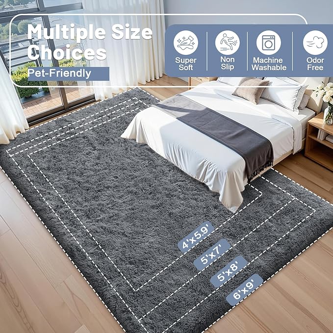 OLANLY 8x10 Machine Washable Large Area Rugs for Living Room, Bedroom, Soft Fluffy Shaggy Bedside Rug, Indoor Floor Carpet for Kids Girls and Boys, Dorms, Nursery, Home Decor Aesthetic, Grey