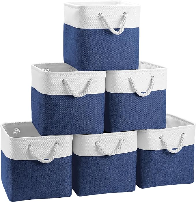 FinishingBo 11 inch Cube Storage Bin with Handles 6 Pack | Foldable Basket, Fabric Storage Bins, Closet Storage, Home Organizer (White/Navy Blue)