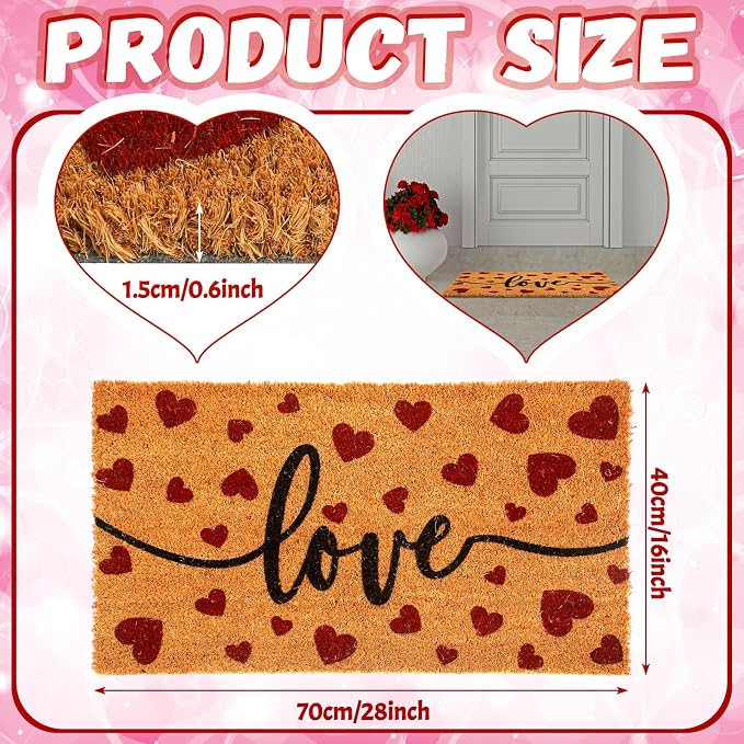 Ceenna Valentine's Day Doormat Outdoor Valentine's Coir Doormat with Non-Slip Backing Red Heart Love Valentines Day Outdoor Mat Front Porch Rugs for Home Entrance, 16 x 28 Inches