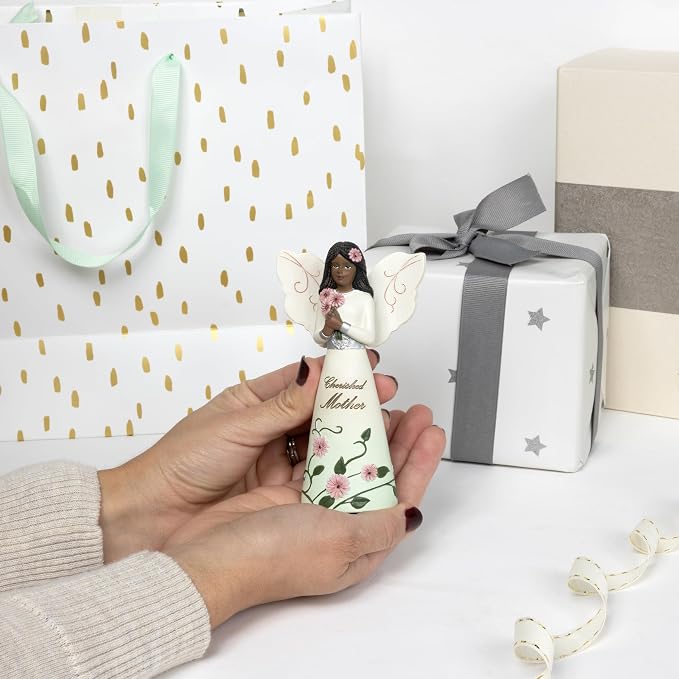 Pavilion Gift Company - Cherished Mother - 5" Ebony African American Angel Figurine Floral Spring Home Decor Mommy Mama Mom Present from Daughter Son Kids