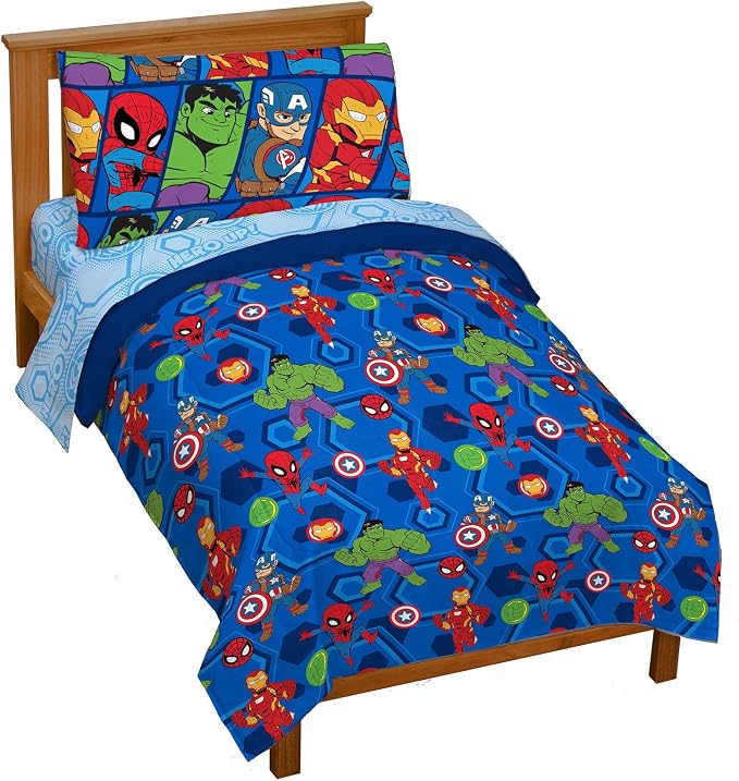 Marvel Avengers Toddler Size Comforter Set 4 Piece Kids Bedding, Blue | Spiderman Superhero, Comforter Sheets Pillowcase, Official Product, Soft Microfiber, Machine Washable, Easy Care, Boys Gift