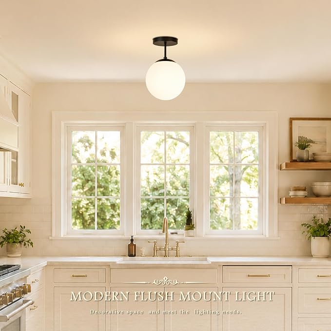 Globe Semi Flush Mount Ceiling Light, Mid Century Modern Light Fixture Ceiling, Milk Glass with Matte Black Finish, Living Room Kitchen Bedroom Hallway Storage Schoolhouse Laundry(LED Bulb Incl.)
