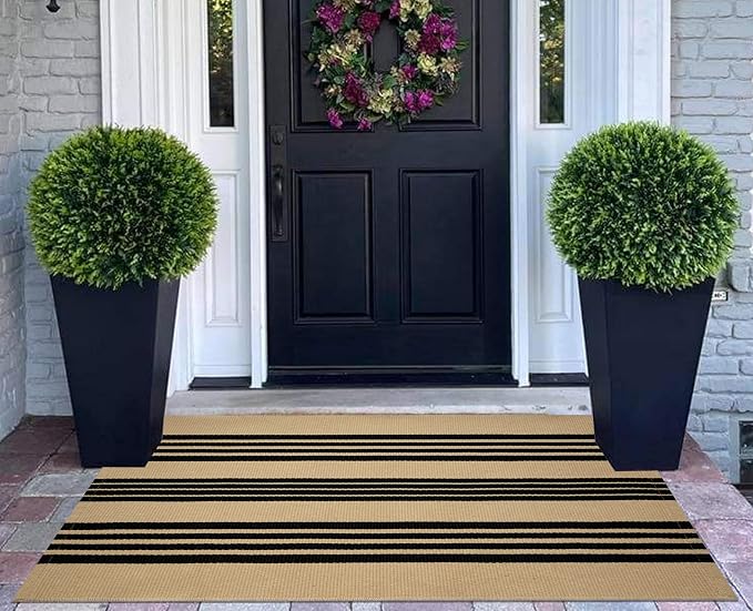 Striped Layered Doormat 27.5"x43",Tan and Black Front Porch Rug Cotton Woven Washable Farmhouse Entryway Rug Indoor Outdoor Front Door Mat for Porch/Entryway/Home Entrance Decor