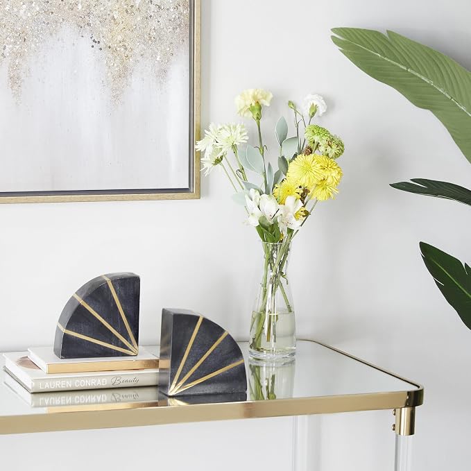 CosmoLiving by Cosmopolitan Marble Geometric Bookends with Gold Inlay, Set of 2 5"W, 5"H, Black