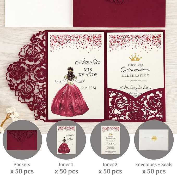 DORIS HOME 50Pcs Personalized Laser Cut Quinceanera Invitations, Burgundy | 4.7"x7.1", Customized Quince Invitations, For 15th Birthday, Sweet 16, With Envelopes