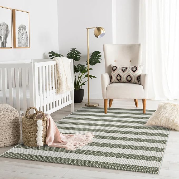 LEEVAN Striped Outdoor Rug 4x6, Washable Front Porch Rug, Spring Plaid Door Mats Outside Entrance, Green and White Entryway Floor Mat, Buffalo Woven Patio Layered Mat for Entrance/Deck/Camping