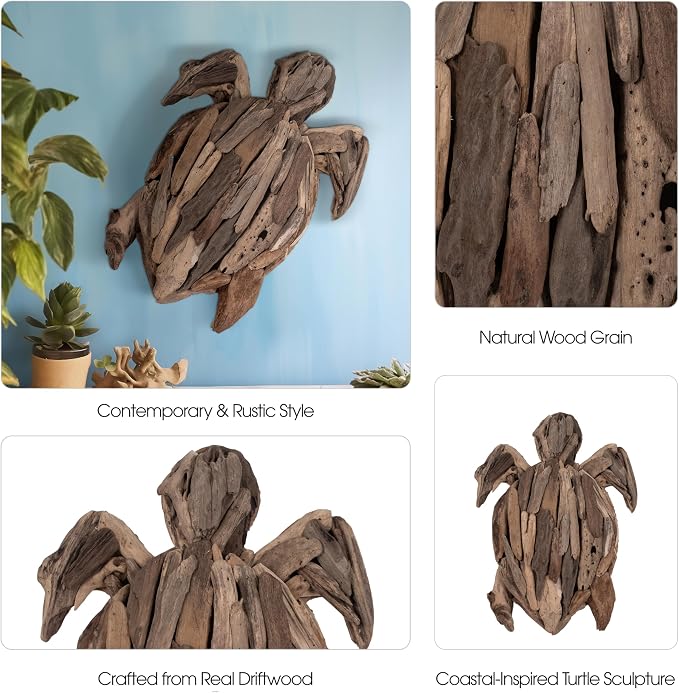 Wooden Driftwood Turtle Sculpture – Relaxed Coastal Room Decor Accent, Living Room or Patio Wall Display, Organic Texture and Artful Home Decor Silhouette – 16"x 22"x 3", Brown