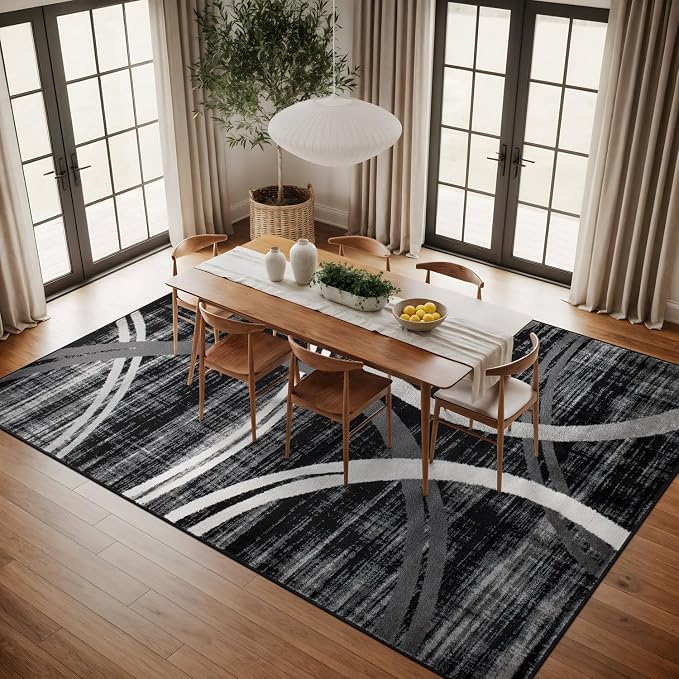 Rugshop Wavy Circles Modern Non-Shedding Large Area Rug Black 8'8" x 12' | High Traffic,Fade Resistant, Living Room, Bedroom, Dining Room, Home Office, Kitchen, Entryway, Hallway, Nursery,Basement