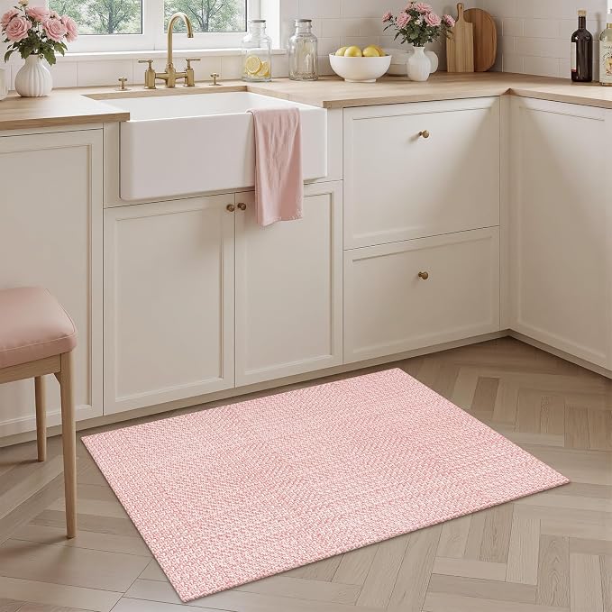 Rugalia Pink Woven Indoor Outdoor Doormat, 2x3 Washable Cotton Small Entryway Rug Low Pile Non-Slip Kitchen Rug, Modern Farmhouse Natural Throw Rug for Porch Bathroom Entrance Bedroom