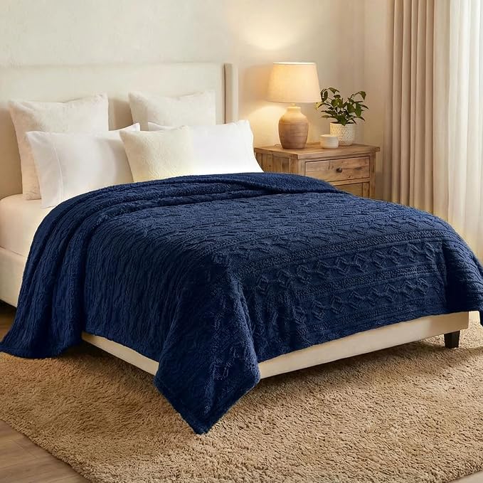 SUPERIOR Fleece Boho Jacquard Blanket, Decorative Blankets for Bedroom, Sofa, Fuzzy, Plush, Fluffy, Soft, Cute Room Decor, Beautiful Cover, Comfort Essentials, Arctic Collection, King, Navy Blue
