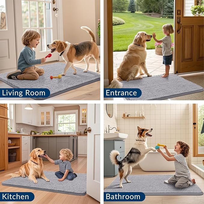 Smiry Dog Door Mat for Muddy Paws 40x32, Absorbent Dirt Trapper, Non-Slip Washable Chenille Entryway Rug for Inside Floor, Light Grey, Classic Solid