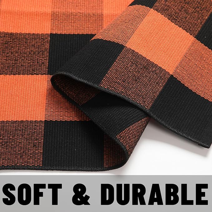 Buffalo Plaid Outdoor Rug 4x6 Ft Orange and Black Checkered Area Rug Halloween Washable Fall Indoor Outdoor Rugs for Entryway,Hallway, Kitchen, Living Room, Dining Room, Bedroom