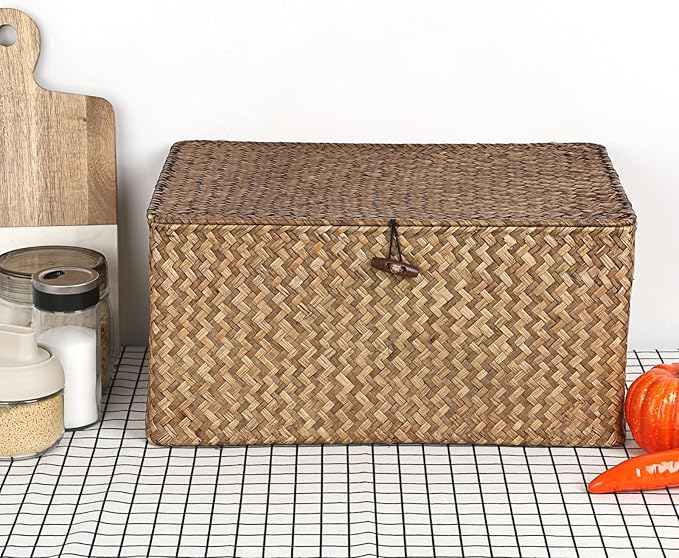 Hipiwe Wicker Shelf Baskets Bin with Lid Woven Storage Box, Coffee X-Large | Handmade Seagrass Basket Storage Bins Rectangular Household Basket Boxes for Shelf Wardrobe Home Organizer