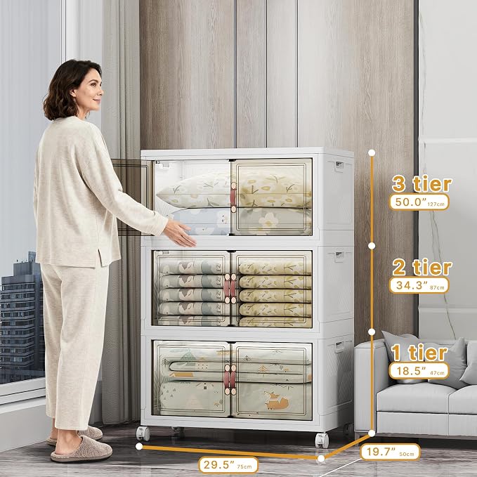 UAMFURI Stackable Storage Bins, 1050QT Collapsible Drawers with 2 Lids | Large Capacity, Magnetic Door, Stack Lock, Rolling Wheels, Foldable Design, Organizers and Storage for Bedroom Dorm Garage