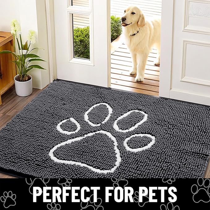 Smiry Dog Door Mat for Muddy Paws, Absorbent Dirt Trapper Non Slip Quick Dry Washable Chenille Mat for Mud Dogs, Entry Rug for Indoor and Outdoor (45x27 Inches, Dark Grey and White)