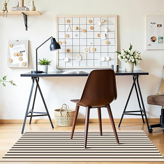 OLANLY Beige and Black Striped Rug 2' x 4'3" (24" x 51") – Washable Cotton Doormat for Indoor Outdoor Use, Layered Front Porch Rug for Entryway, Kitchen, Patio
