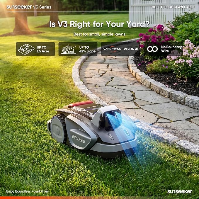 Sunseeker V3 Robot Lawn Mower, Vision AI, 0.15 Acre, Wire-Free | Easy routine mowing for first-time robot mower owners with small, simple yards and clear boundaries.