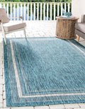 Unique Loom Outdoor Border Collection Area Rug - Soft Border (7' 1" x 10' Rectangle, Teal/ Ivory)