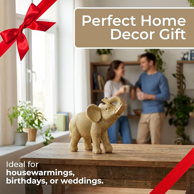 Decorative Resin Elephant Figurine for Home and Bathroom Decor - Ornament Statue for Office Desk, Living Room, or Shelf Styling - Elegant Accent for Entryway and Coffee Table - 7", Gold & Metallic