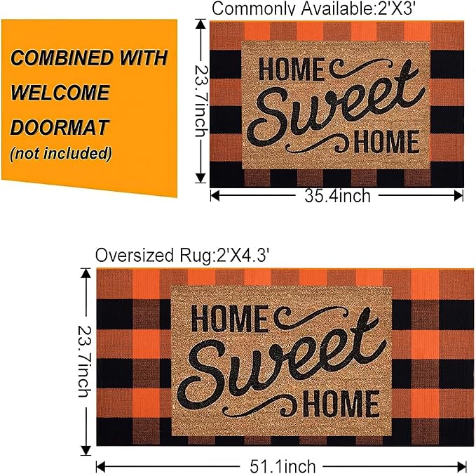 Orange and Black Outdoor Rug 24''x51''Fall Front Porch Rug Cotton Woven Washable Checkered Door Mat Outdoor for Layered Doormat Halloween Kitchen Farmhouse Entryway