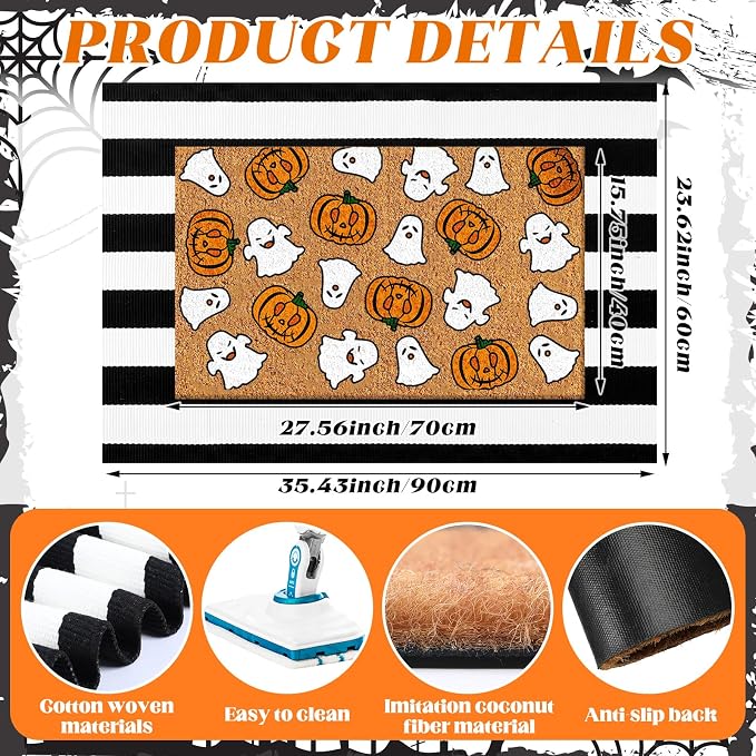 Moucuny 2 Pcs Halloween Coir Doormat Outdoor Cute Ghost Pumpkin Welcome Mat, Black and White Stripe Rug Halloween Outdoor Doormat for Front Door Porch Entryway Decor, 16'' x 28'', 24'' x 35''