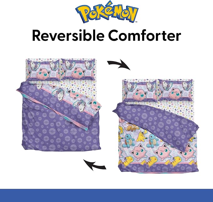 Northwest Pokemon Friendly Battle Full Size Bed in a Bag Set, Pikachu Eevee Jigglypuff Squirtle, Kids Boys Girls Bedding Comforter Sheets